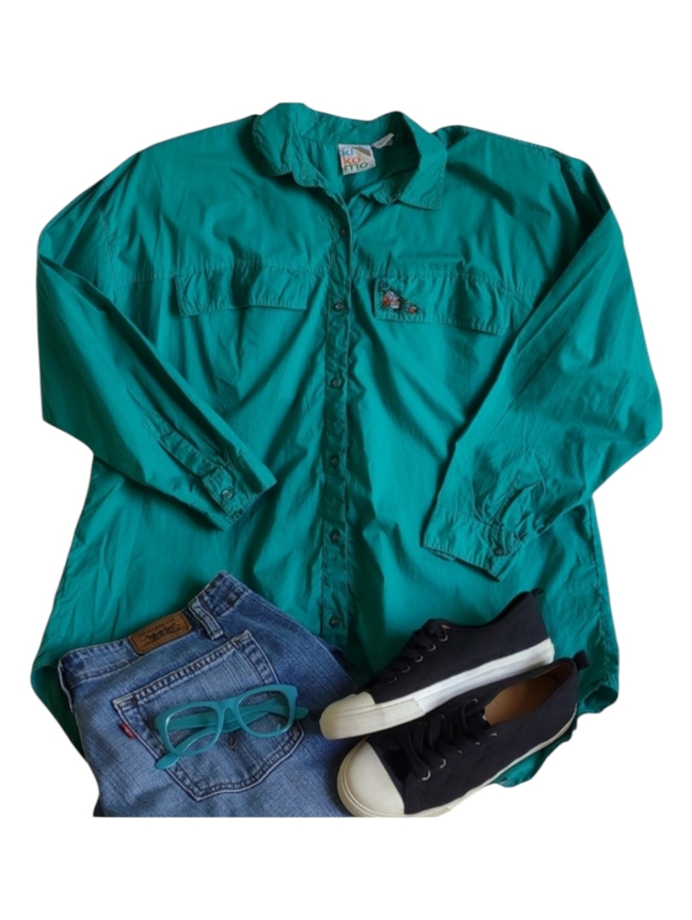 KIKOMO VINTAGE Shirt Button-Down Teal Embroidered 20 Plus Size